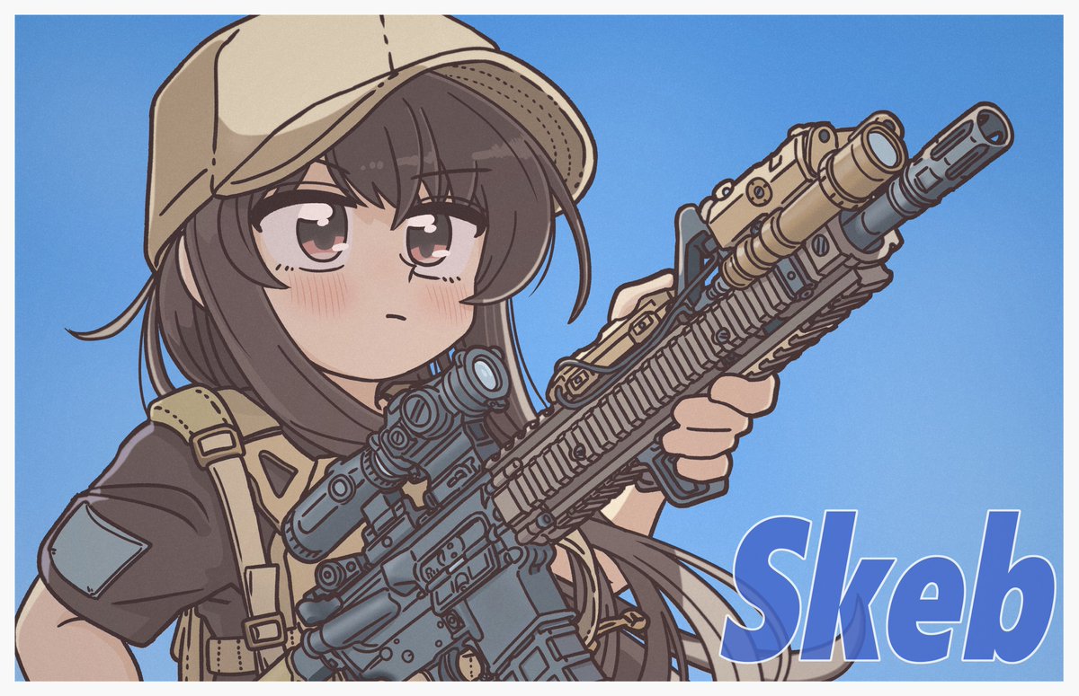 1girl solo weapon gun holding weapon holding hat  illustration images