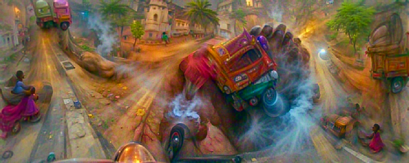 I have stolen a truck and everyone crams inside! We then ride through the streets of India. We drive over ramps and fly above the children and women in the streets. #dream