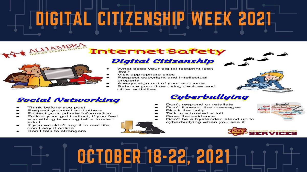 alhambrausd's tweet image. Did you know this week is Digital Citizenship Week⁉️
￼
It&apos;s the perfect time to remind students about being careful about what they text, email + post about themselves and others. 
￼
We want our students to be safe in person and online‼️

#DigCitWeek  #DigCitWeek21