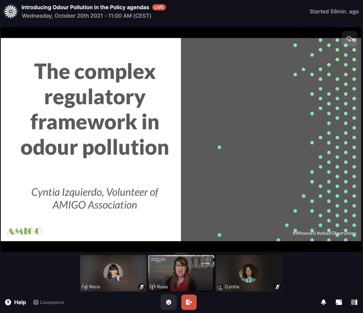 Odourcollect's tweet photo. Cynthia Izquierdo from @AmigoAsociacion begins her talk on the complex regulatory framework in odour pollution by stating the difference between regulations, standards and guidelines.
#DNOSES #OdourObservatory #CitizenScience https://t.co/zZ7KOGZMla