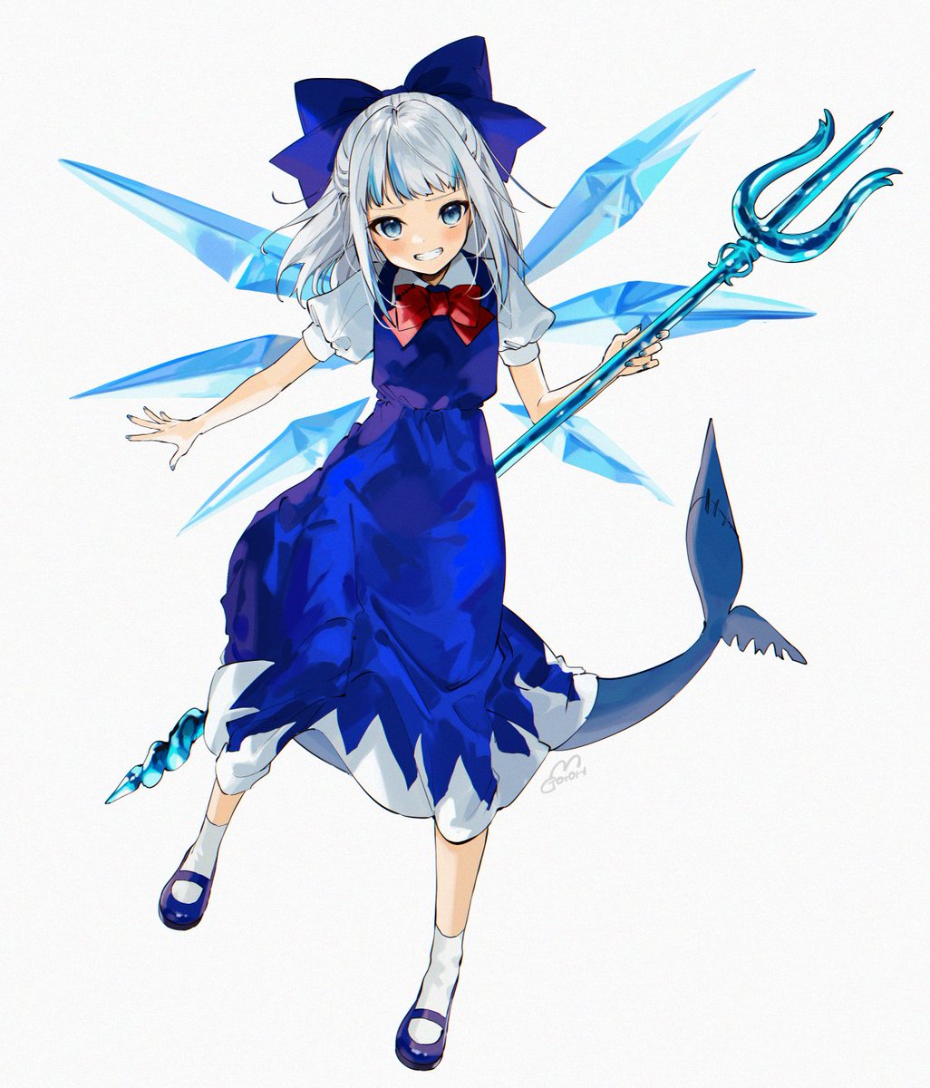 cirno ,gawr gura 1girl trident fish tail solo blue eyes shark tail blue hair  illustration images