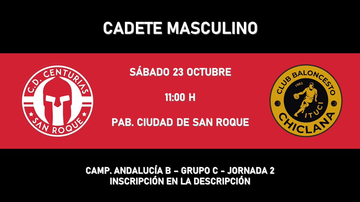 CDCenturias's tweet image. 🔴 𝗣𝗔𝗥𝗧𝗜𝗗𝗢𝗦 𝗖𝗔𝗡𝗧𝗘𝗥𝗔 ⚫

CADETE MASCULINO 🆚@CBChiclanaItuci 
📅 Sábado 23 octubre
🕚 11:00h
📍 Pab. Ciudad de San Roque
🎟️ linktr.ee/cdcenturias

#CDCenturias