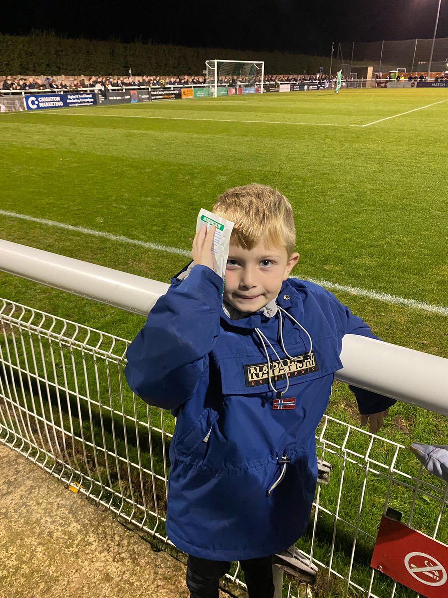 thatniasmith's tweet photo. My 8 year old nephew got hit in the face and knocked off his feet last night outside the players dugouts by the match ball. He’s got a few cuts and bruises but other than that he’s ok! Thank you to the medical staff for attending to him! @Wrexham_AFC https://t.co/QzTuQxHWl4