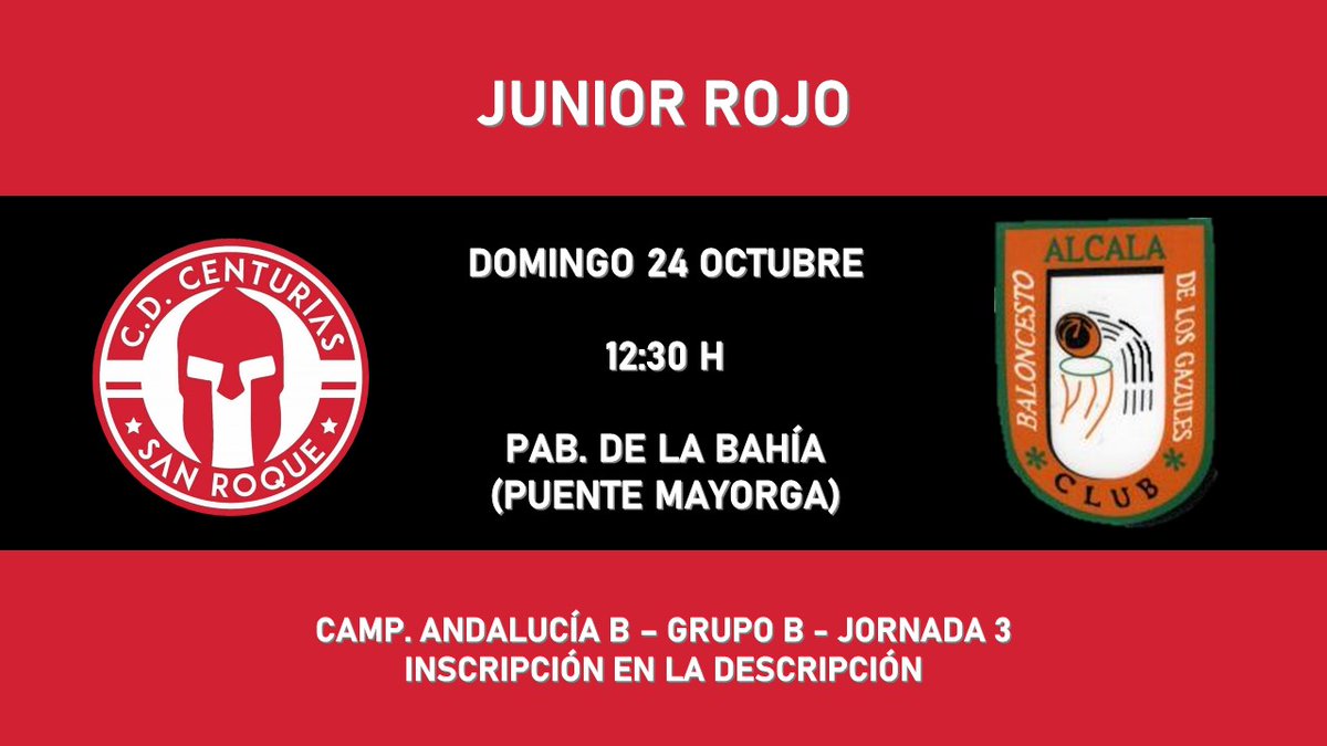 CDCenturias's tweet image. JUNIOR ROJO 🆚 @CBAlcalaGazules 
📅 Domingo 24 octubre
🕧 12:30h
📍 Pab. de la Bahía (Puente Mayorga)
🎟️ linktr.ee/cdcenturias

#CDCenturias