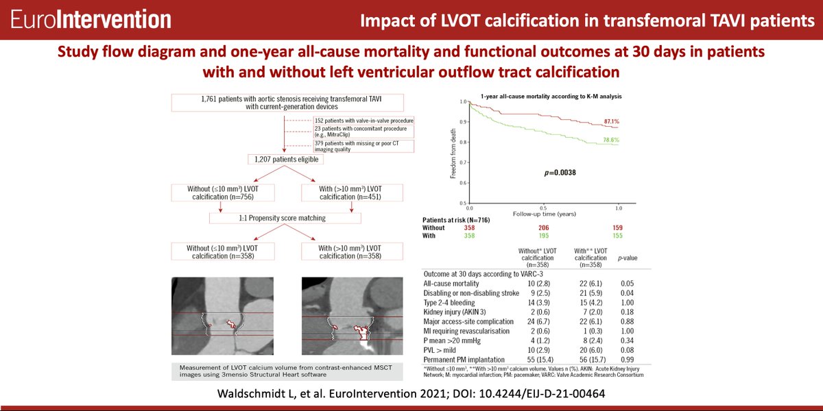 In this study of patients undergoing #TAVI, significant left ventricular outflow tract (LVOT) calcification was associated with worse short-term clinical and functional outcomes and higher 1-year death compared to patients without LVOT calcification. ow.ly/56gT50GuofQ