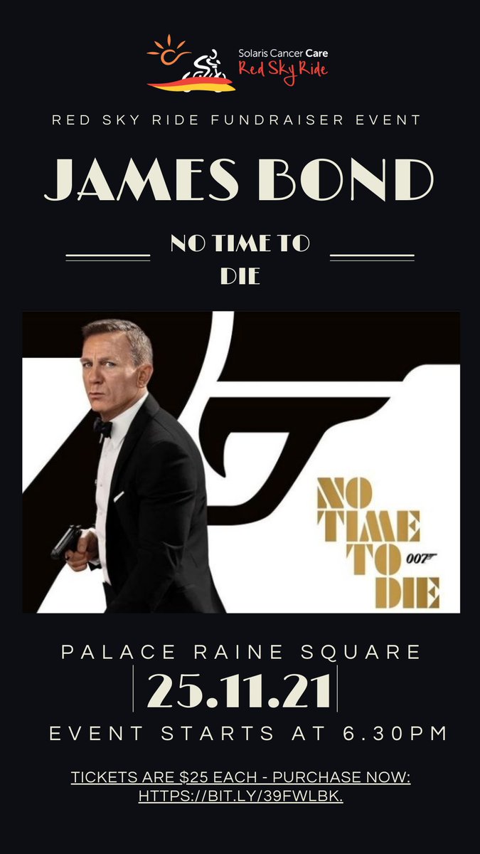 Mission – Join Solaris on the 25th of November to view the latest <a href="/007/">James Bond</a> film. All proceeds for this evening will go towards <a href="/RedSkyRide/">Red Sky Ride</a>. 

Accept your mission here: buff.ly/3a9mnh9.

#RedSkyRide #NoTimeToDie #CancerCare.