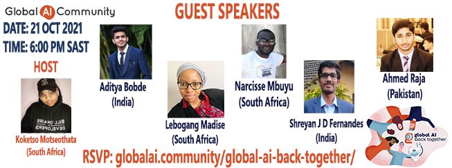 KapFresh_Dev's tweet photo. The global AI community event (South Africa) brings you all things Artificial Intelligence with guest speakers: @LeboMadise @narmbuyu4IT @shreyan99 @AhmedRajaSpeaks happening this coming, Thurs 21 Oct at 6:00 PM SAST 👍👌

Cc @GlobAICommunity

RSVP link:https://t.co/VG9BXNPmBH https://t.co/c41XrNPe1J