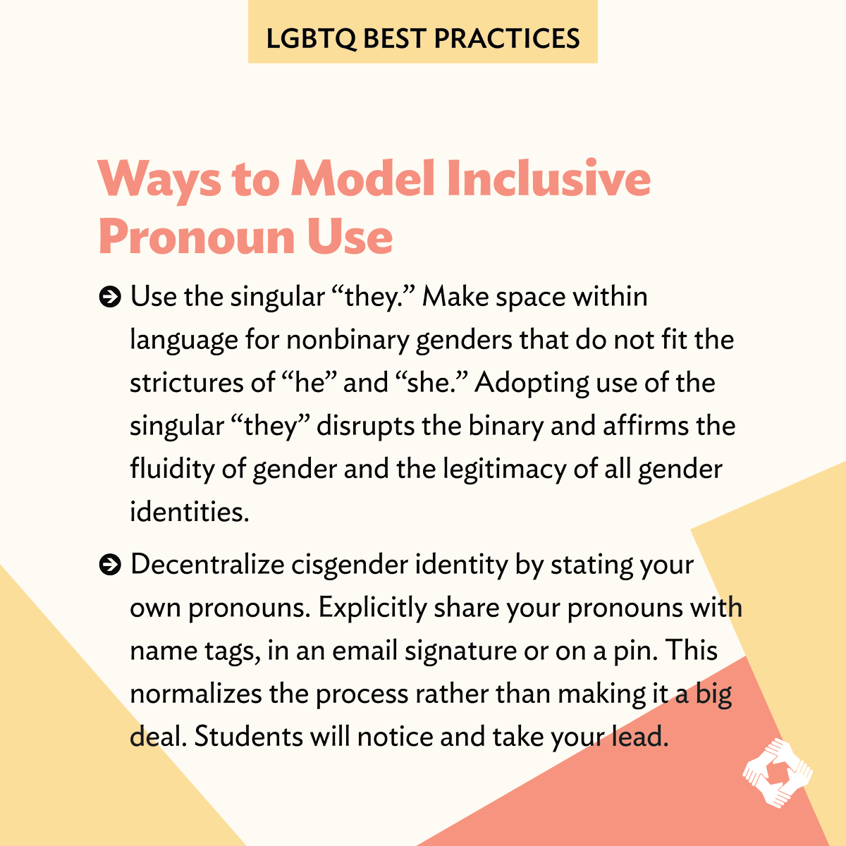 learnforjustice's tweet photo. Today is International Pronouns Day! Modeling inclusive pronoun use can help you create environments where students feel affirmed and safer to be who they are. Consider these practices. https://t.co/OOSds8foOP https://t.co/UPnmJsNGAz