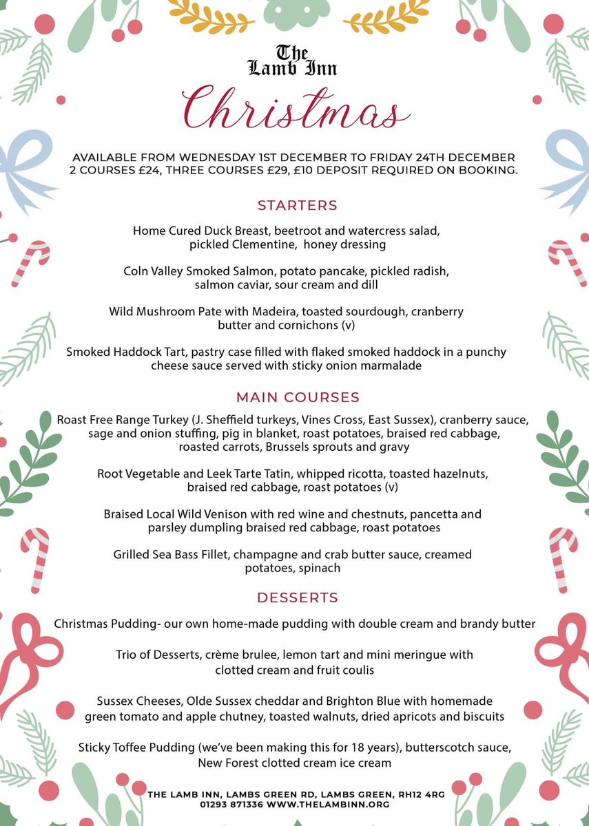 LambInnRusper's tweet photo. 🎄We are pleased to announce our 2021 Christmas Menu! 🎄

Available from Wednesday 1st December to Friday 24th December - 2 courses £24, three courses £29, £10 deposit required on booking. 

To book please give us a call on 01293 871336. https://t.co/B7dQCP3UCY