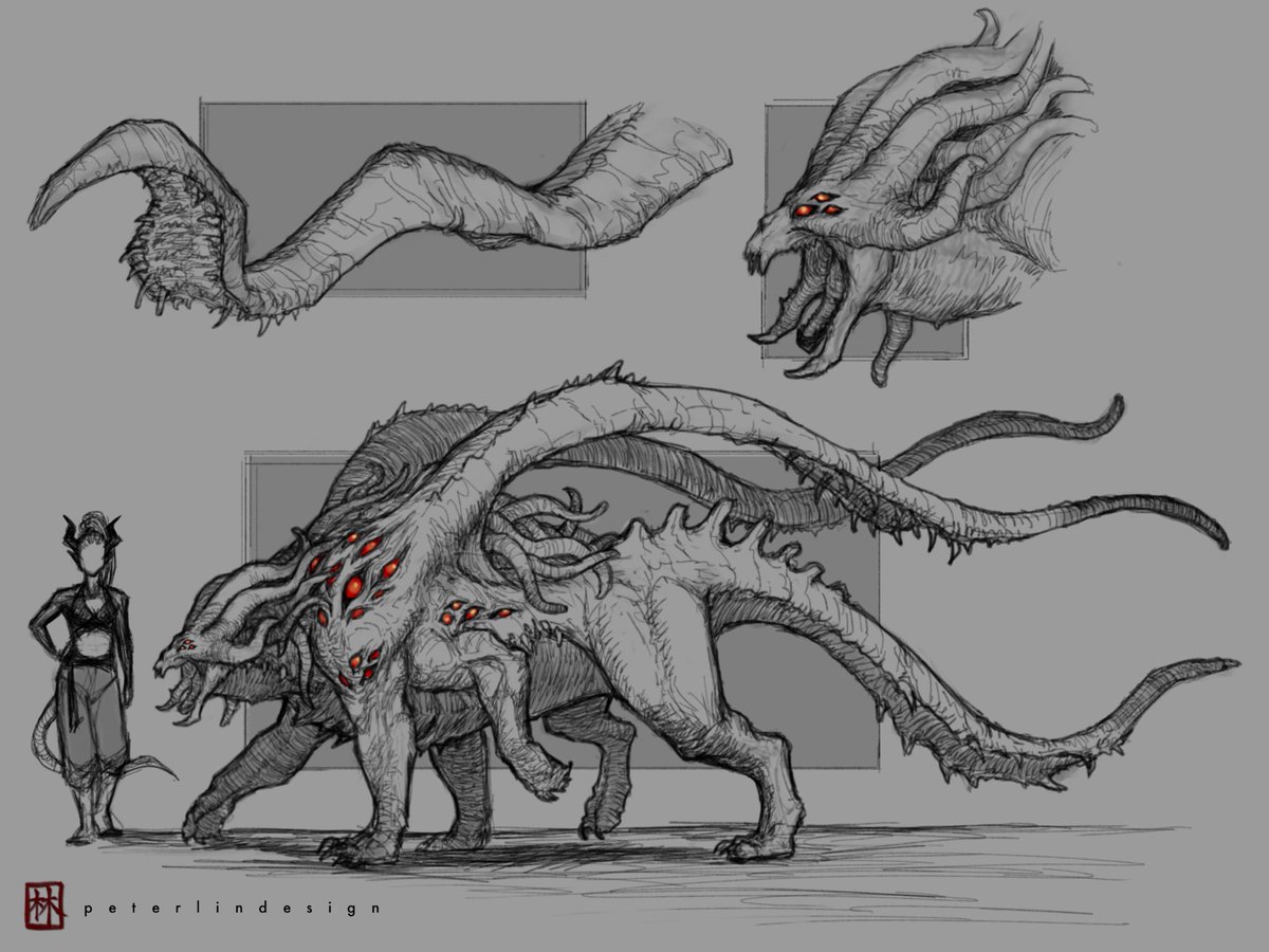 Reimagined displacer beast. I think the original design could go a little crazier. Hopefully it’s still recognizable as a displacer beast, maybe I pushed it a but much. Tiefling for scale. #dnd #fantasy #fantasyart #conceptart #creaturedesign