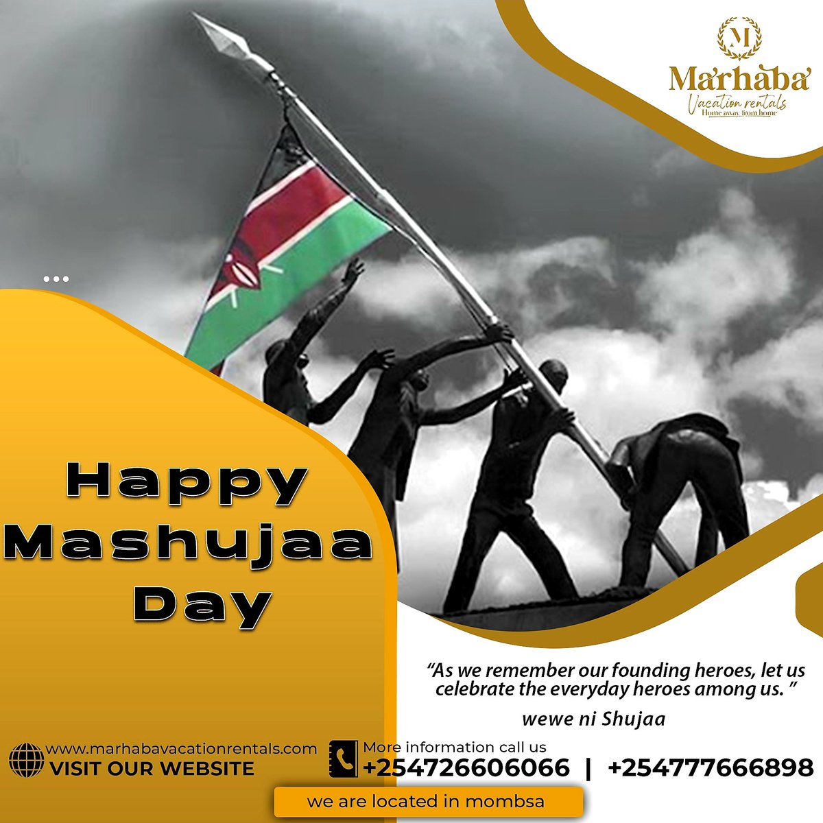 From your team at Marhaba , we say Happy Mashujaa Day. <a href="/hfaisal/">Hassan Faisal Ali</a> <a href="/magicalkenya/">Kenya Tourism Board</a> <a href="/TourismMombasa/">Tourism,Culture & Trade</a> <a href="/KCTA_Coast/">Kenya Coast Tourist Association</a>