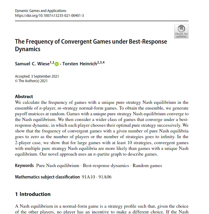 TorstenHeinriX's tweet photo. New article together with Samuel Wiese on the frequency of convergence in n-person games #dynamicgametheory @SpringerMath @Springernomics https://t.co/ZhONNqPEWv https://t.co/w5l0ArNzn5