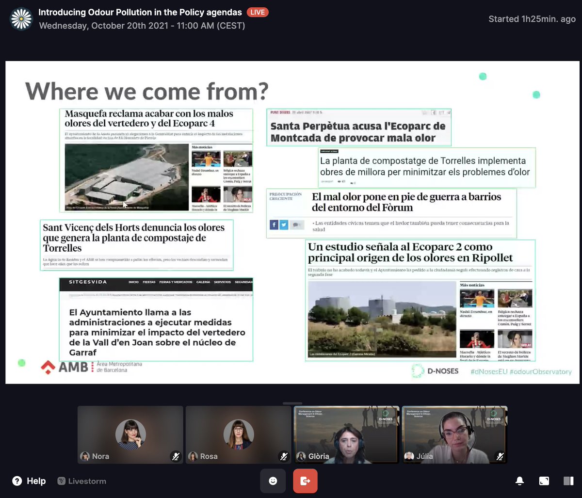 Odourcollect's tweet photo. Glòria Sànchez Santos and Julia Hereza Atienza from the Directon of Waste Management & Prevention Services of the Àrea Metropolitana de Barcelona talk about how they came to be and their role in odour management.
#DNOSES #OdourObservatory #CitizenScience https://t.co/tMm8bAU7RI