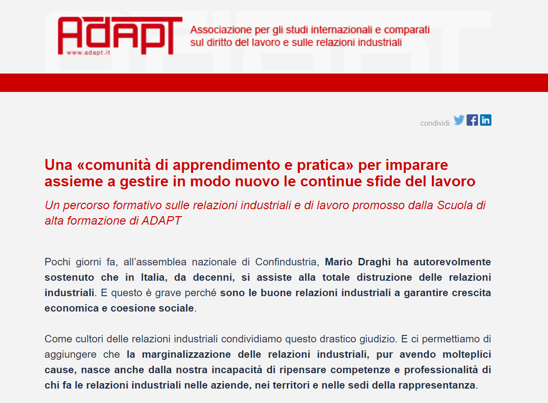 adaptland's tweet photo. 🔴Per governare il cambiamento del mercato del #lavoro e rilanciare le #relazioniindustriali in Italia, ADAPT lancia un innovativo PERCORSO FORMATIVO rivolto a operatori, sindacalisti, personale HR, studenti e ricercatori.

👉Qui il programma https://t.co/w2PHABMvZw https://t.co/TZrLmGGuCy