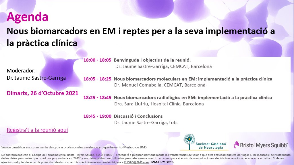 SCatalanaNeurologia (@scatalananeuro) on Twitter photo 🗓️ Save the day! Nous biomarcadors en esclerosi múltiple i reptes per a la seva implementació a la pràctica clínica. Organitzat per <a href="/esclerosismSCN/">EsclerosimúltipleSCN</a> <a href="/SCatalanaNeuro/">SCatalanaNeurologia</a> amb la participació de <a href="/J_SastreGarriga/">Jaume Sastre-Garriga</a> <a href="/SaraLlufriu/">Sara Llufriu</a> i el Dr. Manuel Comabella 🧠🔜🔬
🔗reuniones.redbms.es/?ODgzNTg4QTktR… 🗓️ Save the day! Nous biomarcadors en esclerosi múltiple i reptes per a la seva implementació a la pràctica clínica. Organitzat per <a href="/esclerosismSCN/">EsclerosimúltipleSCN</a> <a href="/SCatalanaNeuro/">SCatalanaNeurologia</a> amb la participació de <a href="/J_SastreGarriga/">Jaume Sastre-Garriga</a> <a href="/SaraLlufriu/">Sara Llufriu</a> i el Dr. Manuel Comabella 🧠🔜🔬
🔗reuniones.redbms.es/?ODgzNTg4QTktR…