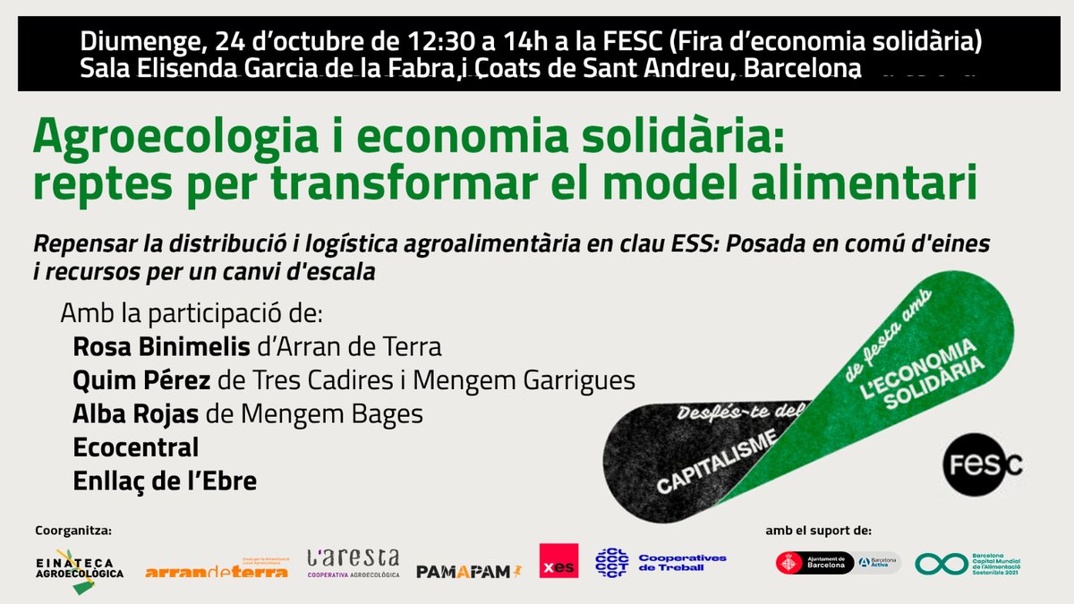 📅 El proper diumenge 24 d'octubre estarem a la Fabra i Coats de Barcelona, dins dels actes de la #FESC2021 compartint la nostra experiència i visió sobre l'agroecologia i l'economia social solidària.

🌱 #EinatecaAgroecològica
einatecagroecologica.pamapam.org/noticies/parle…

#SomEbre