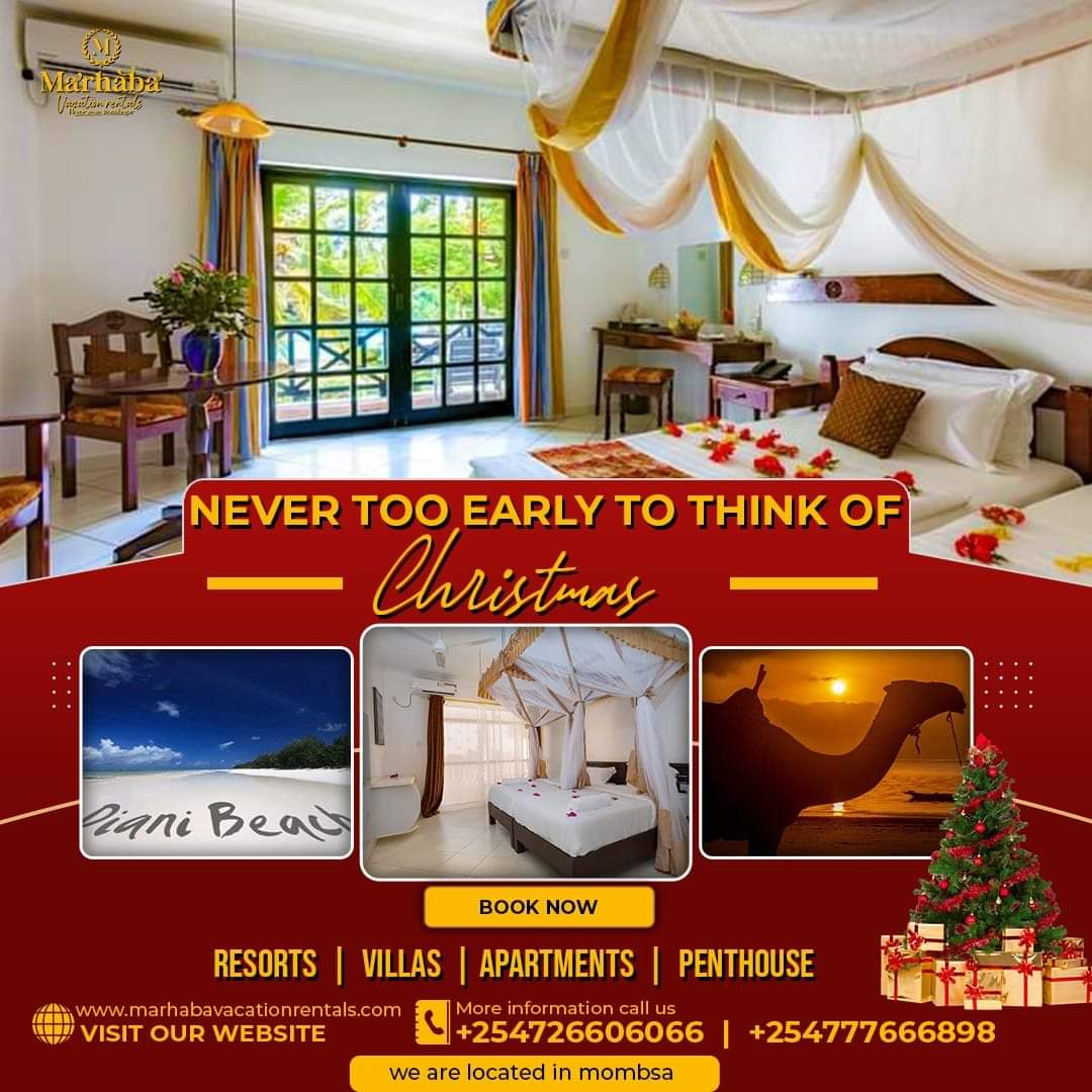 Christmas is just around the Corner?..we are here to make it easy for you. Are you looking for a Villa?  Cottage? Resort? Contact us at +254726606066 +254777666898
Please link up be it Malindi, Watamu, Diani, Vipingo, Mombasa   Lamu and kilifi. #marhabavacationRentals <a href="/hfaisal/">Hassan Faisal Ali</a>