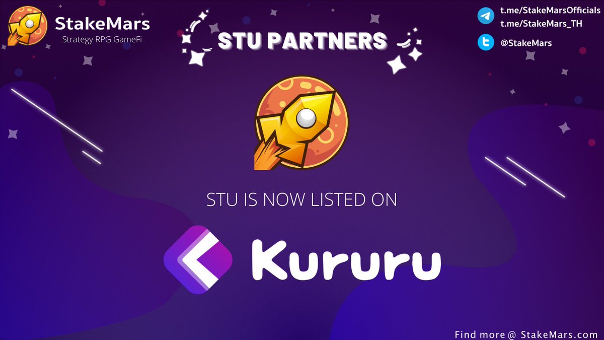 StakeMars's tweet image. NEW PARTNER WITH KURURU FINANCE !! 🎉

STU CAN BE TRADED ON KURURU FINANCE 🔥

KURURU FINANCE IS A LIMIT ORDER DEX AT (kururu.finance)

#STU #Defi #Farming #BSC #GameFi  #仮想通貨