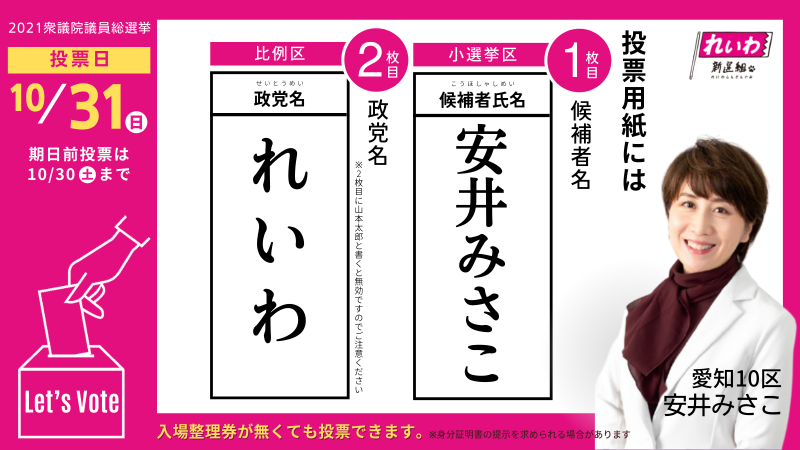 reiwasinfo's tweet image. 【Let&apos;s VOTE 投票用紙バナー】
「れいわに票を入れる理由」がある人に確実に投票してもらうためのバナーです。つまり政策や人柄はしっかりと補足したほうがいいです！あなたが推す一言とともに拡散用にお使いください😁
#中たつや #安井みさこ
#北村イタル #高井たかし 
#れいわ新選組 #比例はれいわ