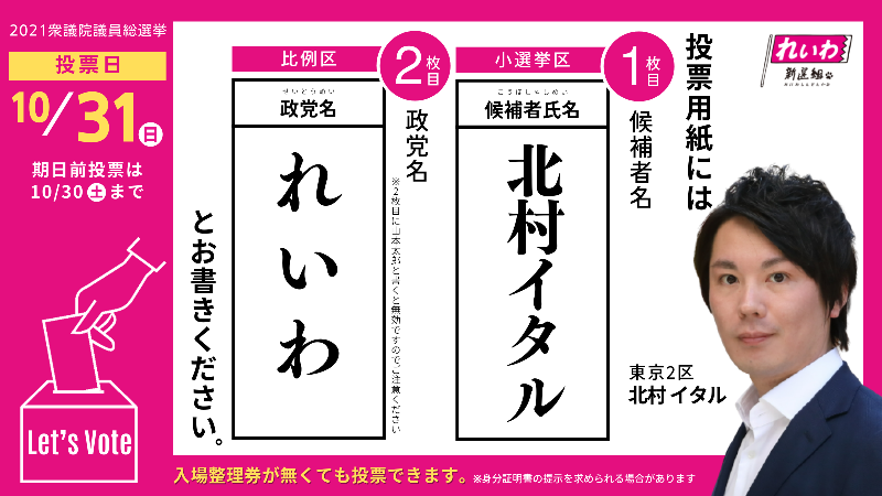 reiwasinfo's tweet image. 【Let&apos;s VOTE 投票用紙バナー】
「れいわに票を入れる理由」がある人に確実に投票してもらうためのバナーです。つまり政策や人柄はしっかりと補足したほうがいいです！あなたが推す一言とともに拡散用にお使いください😁
#中たつや #安井みさこ
#北村イタル #高井たかし 
#れいわ新選組 #比例はれいわ