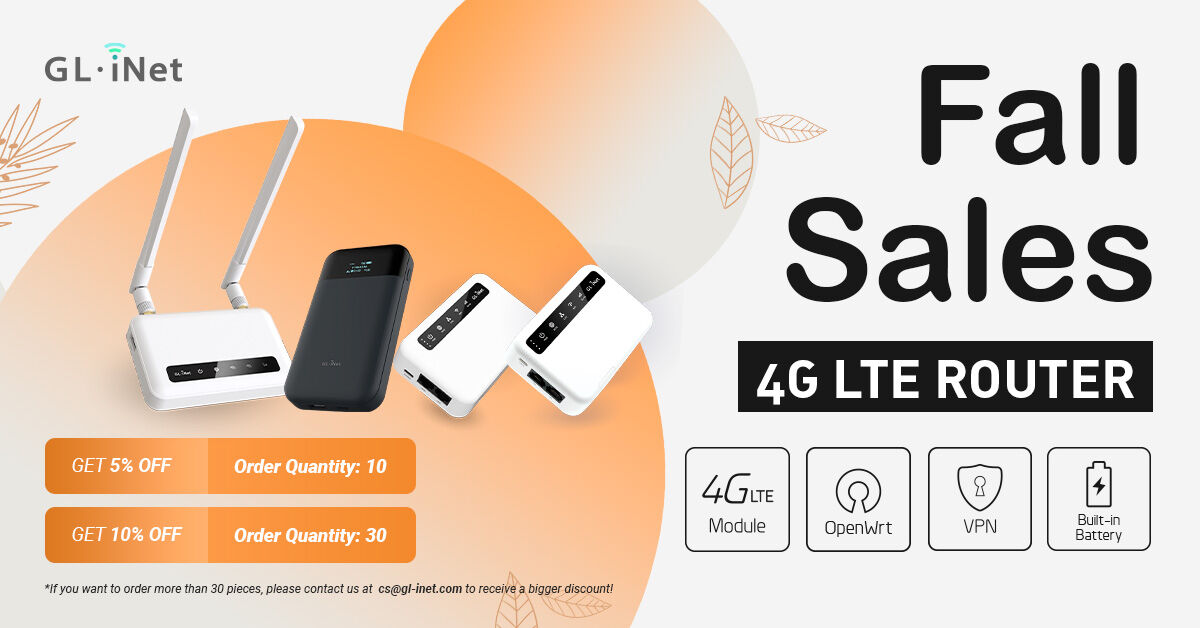 GLiNetWiFi's tweet photo. 🍁Our Fall Sale for 4G LTE router is NOW ON! 🍁
You can get an Extra Bundle Discount up to 10% off. 💰
The more you buy, the more you save.

🛒Shop NOW 👉https://t.co/mXaxBLnIZl

#deal #sale #offer #wifi #router #minirouter #gadget #tech https://t.co/LYYwonHCto