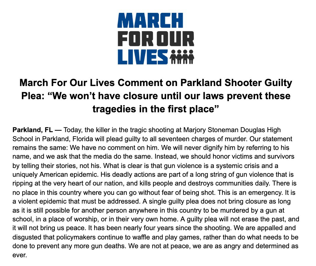 AMarch4OurLives's tweet image. Today, the Parkland shooter plead guilty to murder. We won’t have closure until our laws prevent these tragedies in the first place.