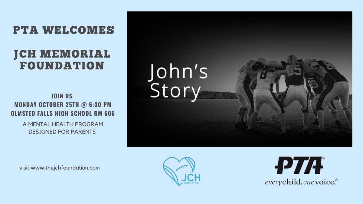 Mark you calendar and join us on 10/25  to hear John's Story. This program is adults only and all parents are welcome. <a href="/OFPTACouncil/">Olmsted Falls PTA Council</a> @OFCSSuper <a href="/goss_shan/">Dr. Shannon Goss</a> <a href="/OFHSBulldogs/">OFHS</a> <a href="/ofmsbulldogs/">OFMS</a>