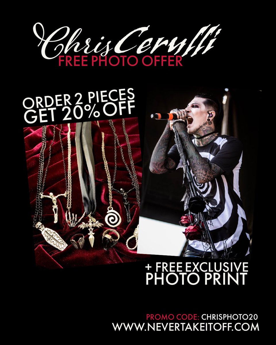Miss out on <a href="/ChrisMotionless/">Chris Motionless</a>’ birthday sale? No need to worry ~ we're now offering 𝟮𝟬% 𝗢𝗙𝗙 when you purchase 2 pieces from his page. That's not all... we're also slipping in a FREE EXCLUSIVE PHOTO taken by <a href="/BrightMusicFoto/">Savannah Bright</a>📷✉🌹
𝗖𝗢𝗗𝗘: ChrisPhoto20
Chris-Cerulli.NeverTakeItOff.com