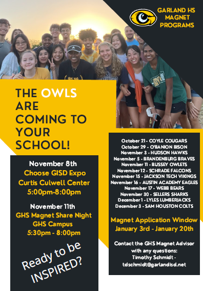 CounselingWebb's tweet photo. Attention 8th graders! Garland High School will be on campus November 17th to teach you all about the exciting Magnet programs they have to offer! https://t.co/uII4EE82F2