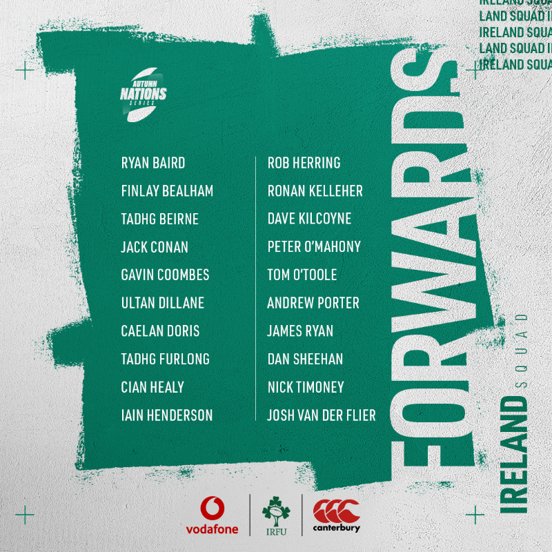 IrishRugby's tweet photo. 📋 Introducing the 38-player Ireland squad for the upcoming @autumnnations Tests against Japan, New Zealand and Argentina at @avivastadium 🟢

Head Coach Andy Farrell has included two uncapped players ⤵️

#TeamOfUs | #ShoulderToShoulder | #IrishRugby