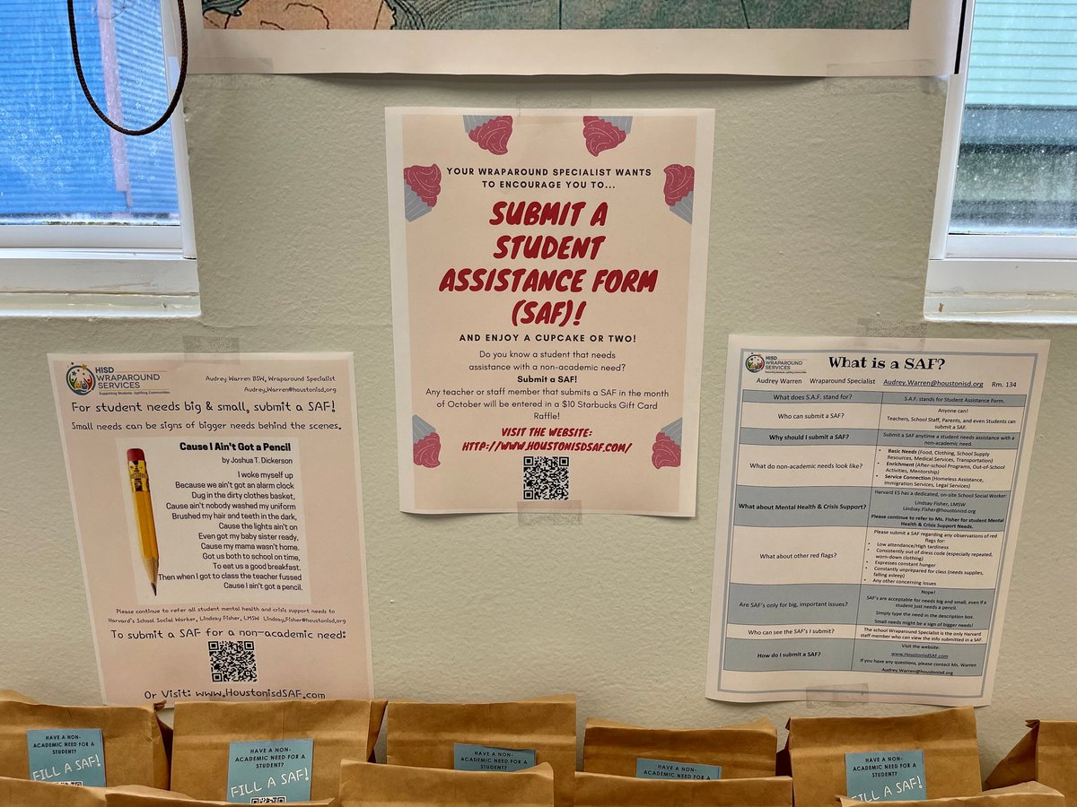 HarvardES_WRS's tweet photo. Fill a SAF Campaign! Harvard teachers and staff can find a sweet treat, along with some information about how to use the Student Assistance Form in the teacher's lounge. Together we can connect more families to support our Harvard Eagles! 🦅💙💛
@HISD_Wraparound 
@HarvardSchool https://t.co/iW77DB6jvj