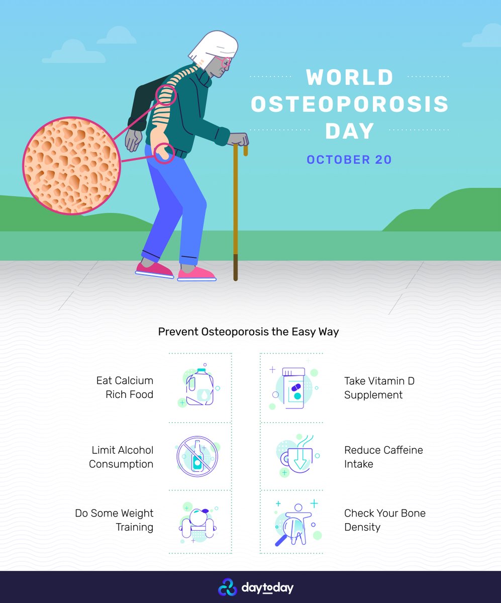 daytoday_health's tweet photo. On #WorldOsteoporosisDay, make a note to stay proactive in maintaining bone health throughout life. Let's take action for our bone health today.
#Infographic #bonehealth #healthcare #PositiveAction #DigitalHealth #DayToDayHealth https://t.co/uGrsLZGXhK