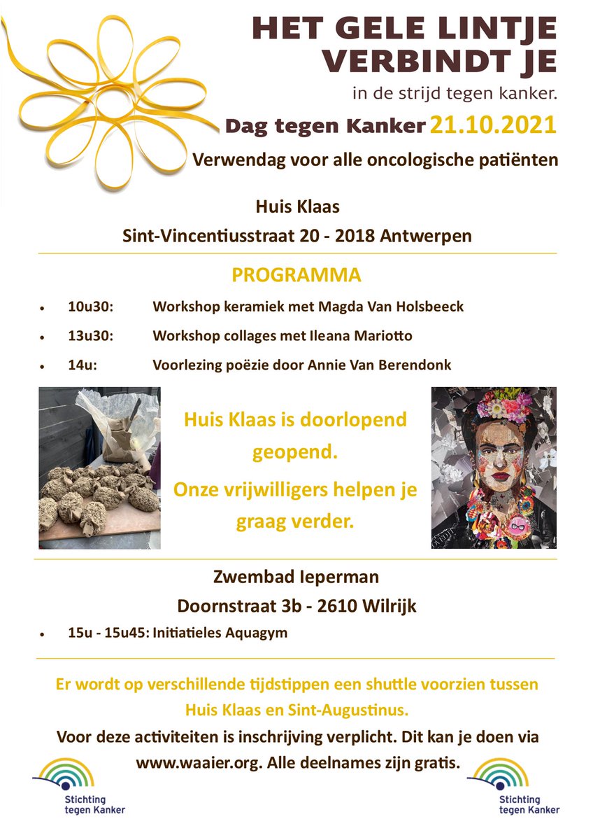 Morgen is het #dagtegenkanker en organiseren we vanuit onze lotgenotenvereniging <a href="/waaiervzw/">Waaier</a> verschillende activiteiten voor onze kankerpatiënten en hun naasten. Bedoeling is dat ze even hun zorgen kunnen vergeten en dat ze weten dat we er altijd voor hen zijn. 🎗💛