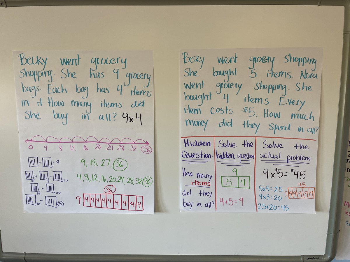 Wow! Check out these multiplication strategies! We discussed how question 1 and 2 are similar and different. We also discussed the difference between a hidden question and the actual question. Which strategy is your favorite? ⁦<a href="/cveschargers/">Churchville Chargers</a>⁩ #BetterTogether