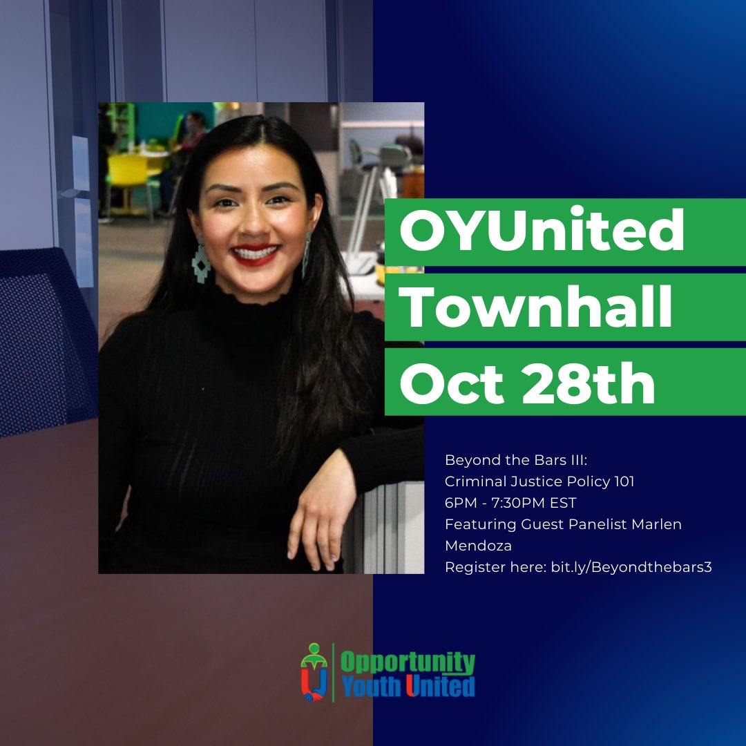To create reform we must create spaces to learn. On October 28th, join <a href="/OYUnited/">OYUnited</a> and Marlén of <a href="/youthactionhour/">Youth Action Hour</a> for an interactive activity to practice drafting a policy agenda that centers around lived experience. RSVP bit.ly/Beyondthebars3