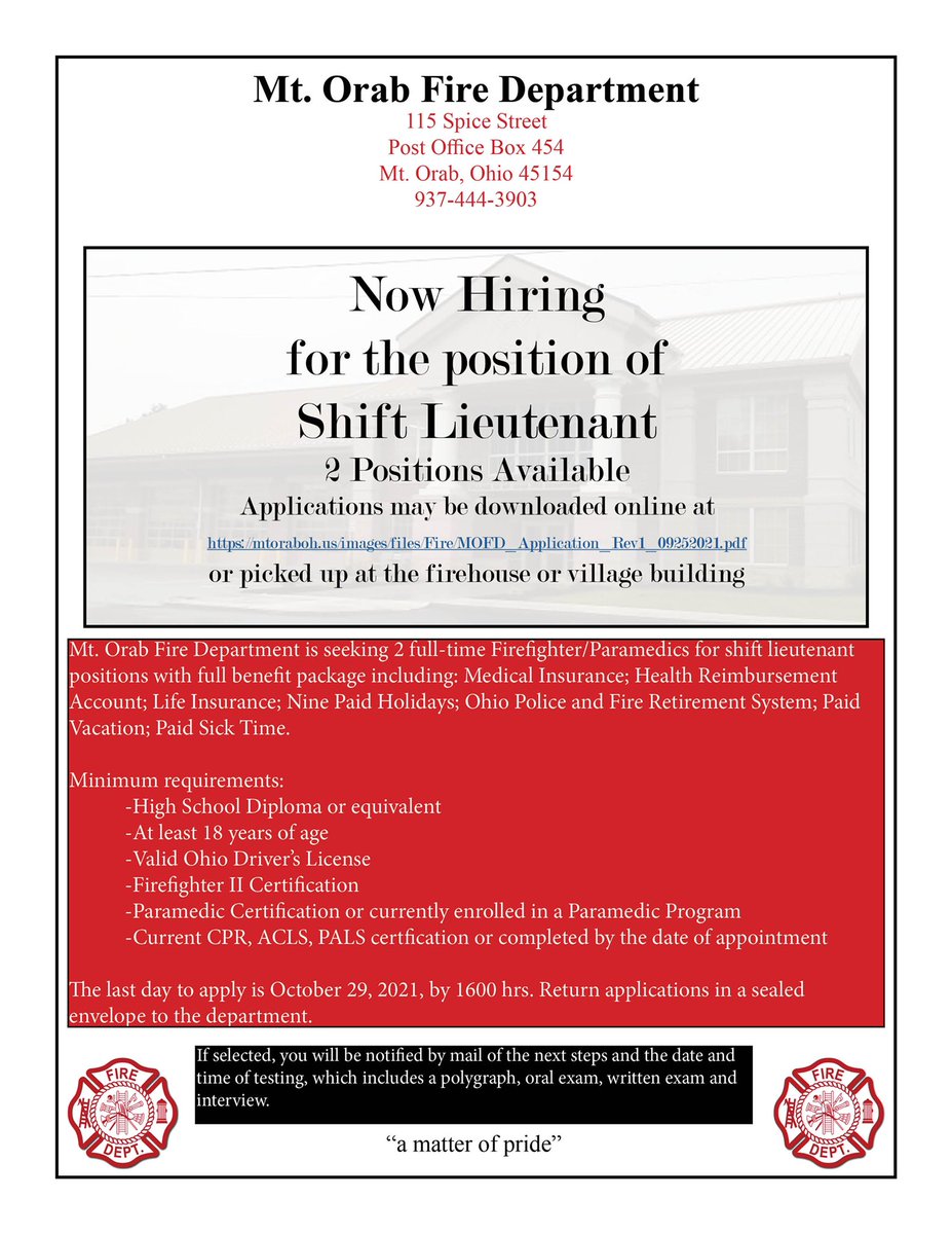 mtorabfire's tweet photo. Only 9 days left to apply! Applications are available online at https://t.co/kRwAqbozTK, or picked up in person at Station 1 or our village building! https://t.co/qtRloMbOIB