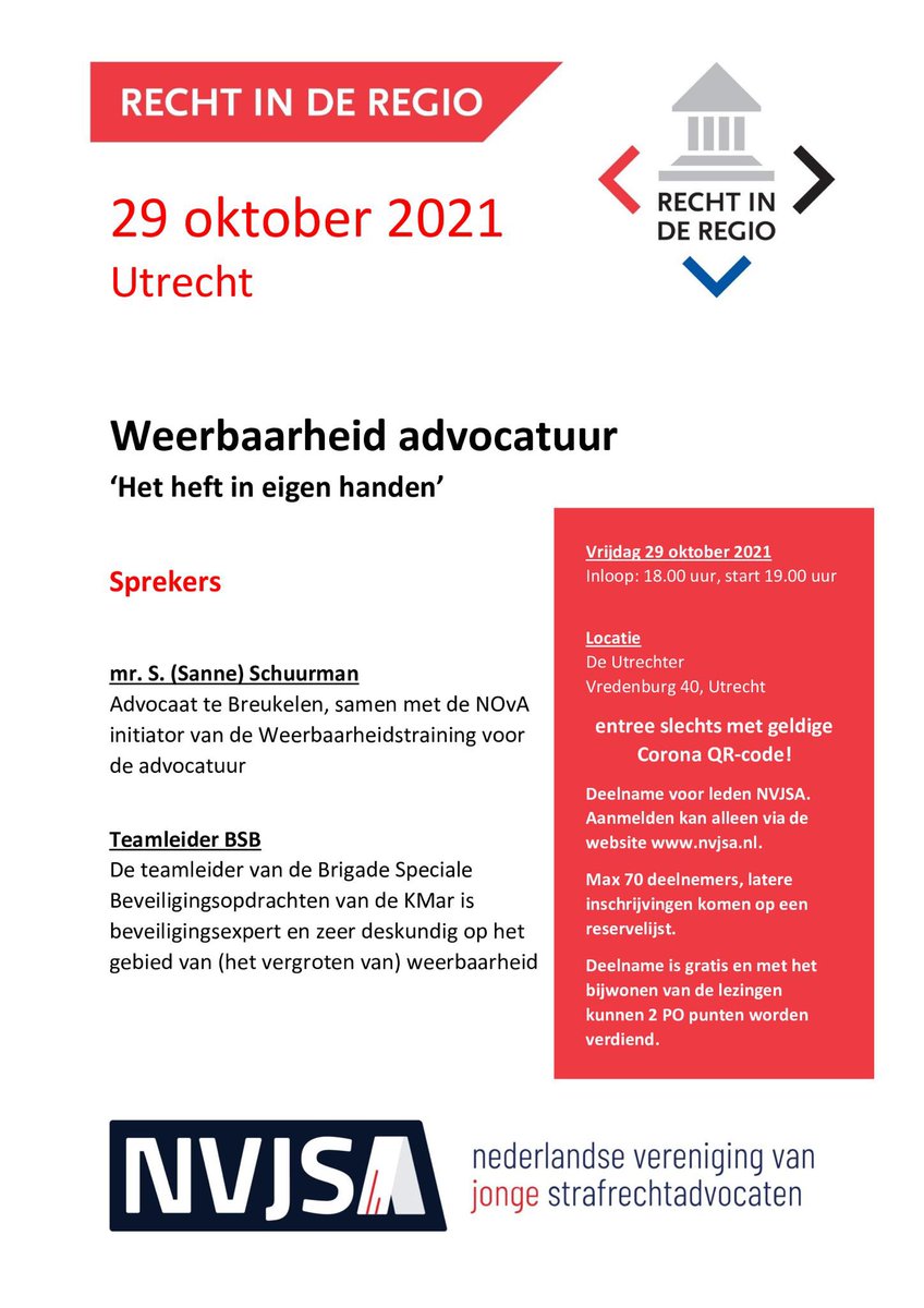 Vrijdag 29 oktober vindt de Rinder Midden plaats over het onderwerp Weerbaarheid in de advocatuur. Inschrijvingen zijn vol, er is een reservelijst. Dringend verzoek u uit te schrijven bij afwezigheid. Let op: dit is de een na laatste @NVJSA activiteit van het jaar.