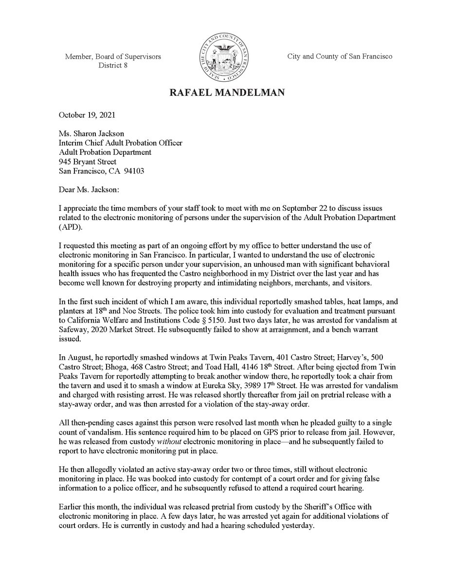 RafaelMandelman's tweet photo. I have also sent a letter of inquiry to the Adult Probation Department to gather additional data on the effectiveness of post-sentencing electronic monitoring. My letter is attached. (5) https://t.co/W2ltH8BpOM