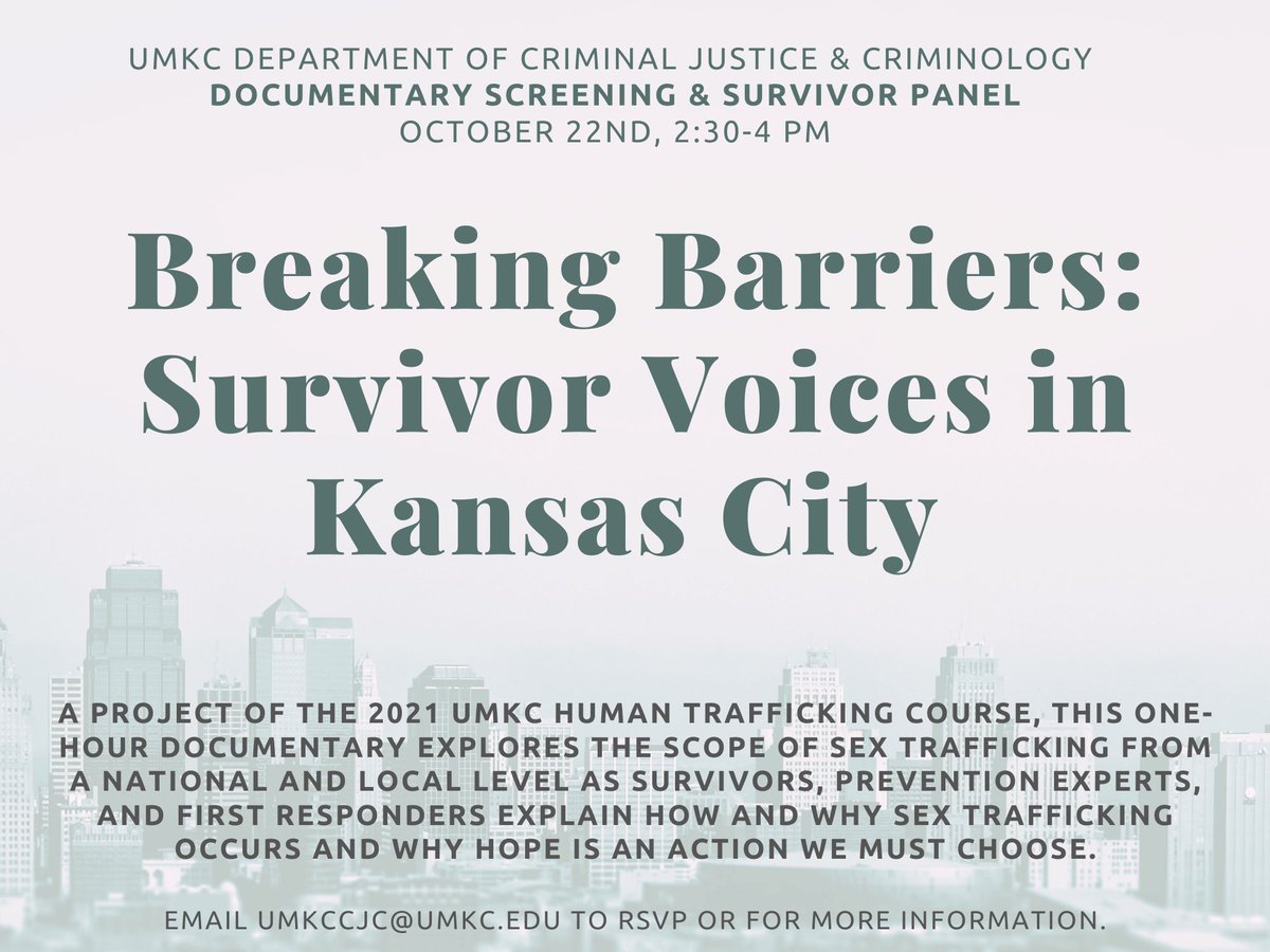 UMKC is hosting a screening THIS FRIDAY at 2:30 for "Breaking Barriers: Survivor Voices in Kansas City." 

This incredible documentary was shot by local filmmakers and explores the effects of sex trafficking on a national and local level. 

See you there!