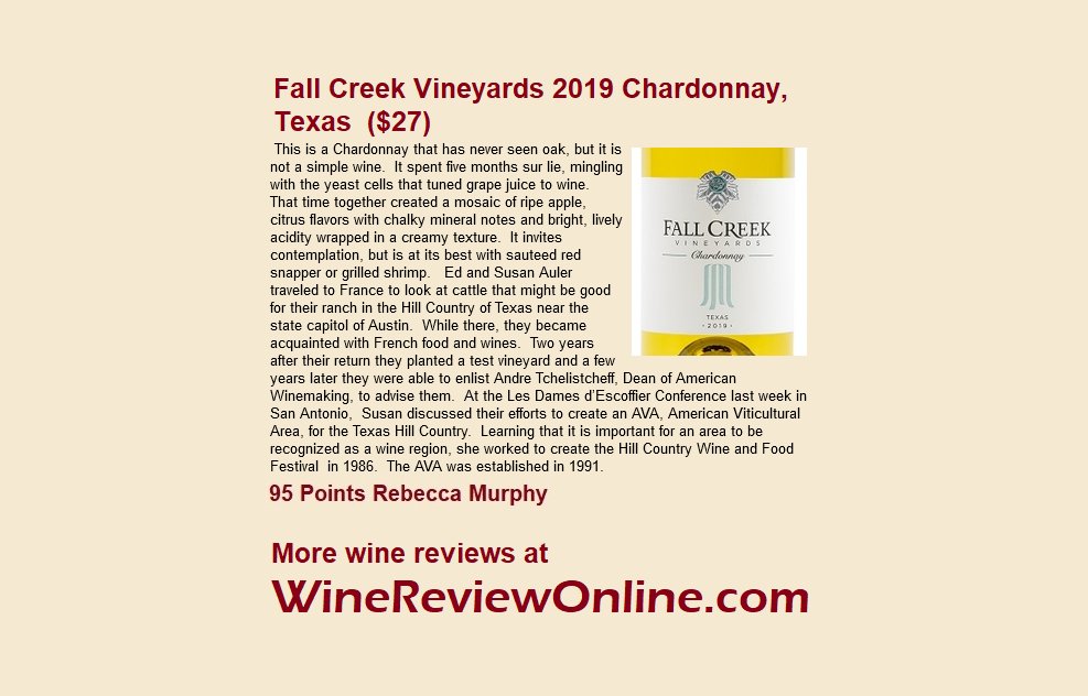 WineReviewOnline.com (@winereviewonlin) on Twitter photo WineReviewOnline.com Featured #Wine Review:
<a href="/FallCreekWines/">Fall Creek Vineyards</a> 2019 Chardonnay, Texas
<a href="/RebeccaOnWine/">Rebecca Murphy</a> Murphy 95 Points
"...a mosaic of ripe apple, citrus flavors with chalky mineral notes and bright, lively acidity wrapped in a creamy texture." WineReviewOnline.com Featured #Wine Review:
<a href="/FallCreekWines/">Fall Creek Vineyards</a> 2019 Chardonnay, Texas
<a href="/RebeccaOnWine/">Rebecca Murphy</a> Murphy 95 Points
"...a mosaic of ripe apple, citrus flavors with chalky mineral notes and bright, lively acidity wrapped in a creamy texture."