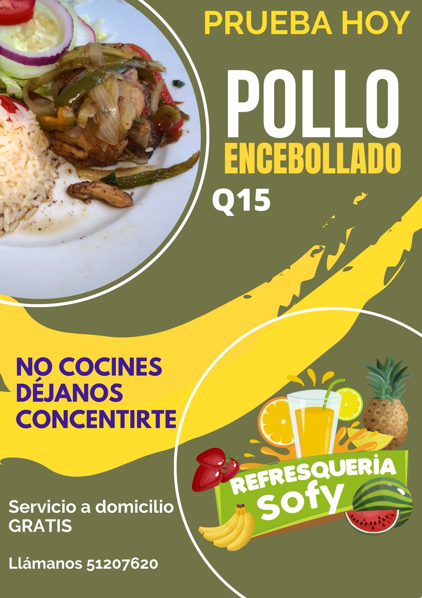 RefreSofy's tweet photo. Hey! Hey!
No pierdas tiempo cocinando!
Nosotros te ayudamos!! 😁👍

Sabroso Almuerzo de hoy Miércoles 20
POLLO ENCEBOLLADO
Q15
Servicio a Domicilio GRATIS
Llámanos al 51207620

#RefresqueriaSofy https://t.co/3sGJC7yp6C