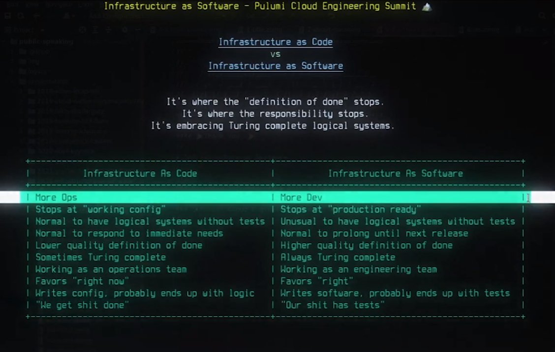 mattstratton's tweet image. infrastructure as code vs infrastructure as software from @krisnova at #CloudEngineeringSummit right now! bit.ly/cloud-eng-summ…