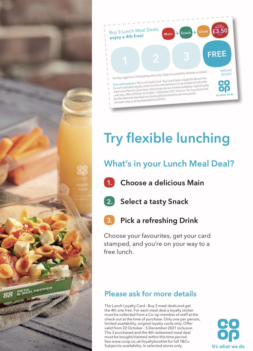 Visit Coop Manchester Piccadilly today, pick up your loyalty card, collect 3 stamps and get a meal deal on us with your completed card. #coop #ItsWhatWeDo #manchester #piccadilly #freemealdeal #Lunchtime #retweet <a href="/coopuk/">Co-op</a> <a href="/JacksonMills_/">Jackson Mills</a>