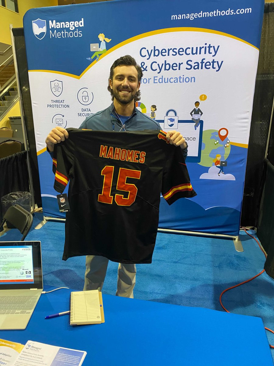 managedmethods's tweet photo. 📣Calling all Missouri #EdTech leaders at #MoreNet📣! You have 2 hours left to come by booth 400 &amp; enter in Branden's once-in-a-lifetime raffle to win a Patrick Mahomes jersey!! He will be announcing the very lucky winner at 1pm CT! @MOREbyMOREnet
#BeCyberSmart #NCSAM #CyberMonth https://t.co/fgl5wOi6Qb