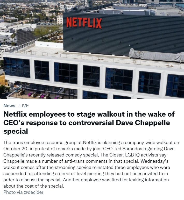 Rich_Cooper's tweet photo. The solution for Netflix is don't employ the 'woke' they are always insufferable, unhappy, and the victim in life.

Hire people that are on your purpose, aligned with your company culture and get the woke losers out of your business.

Let them walk. https://t.co/53Fjzc4PiD