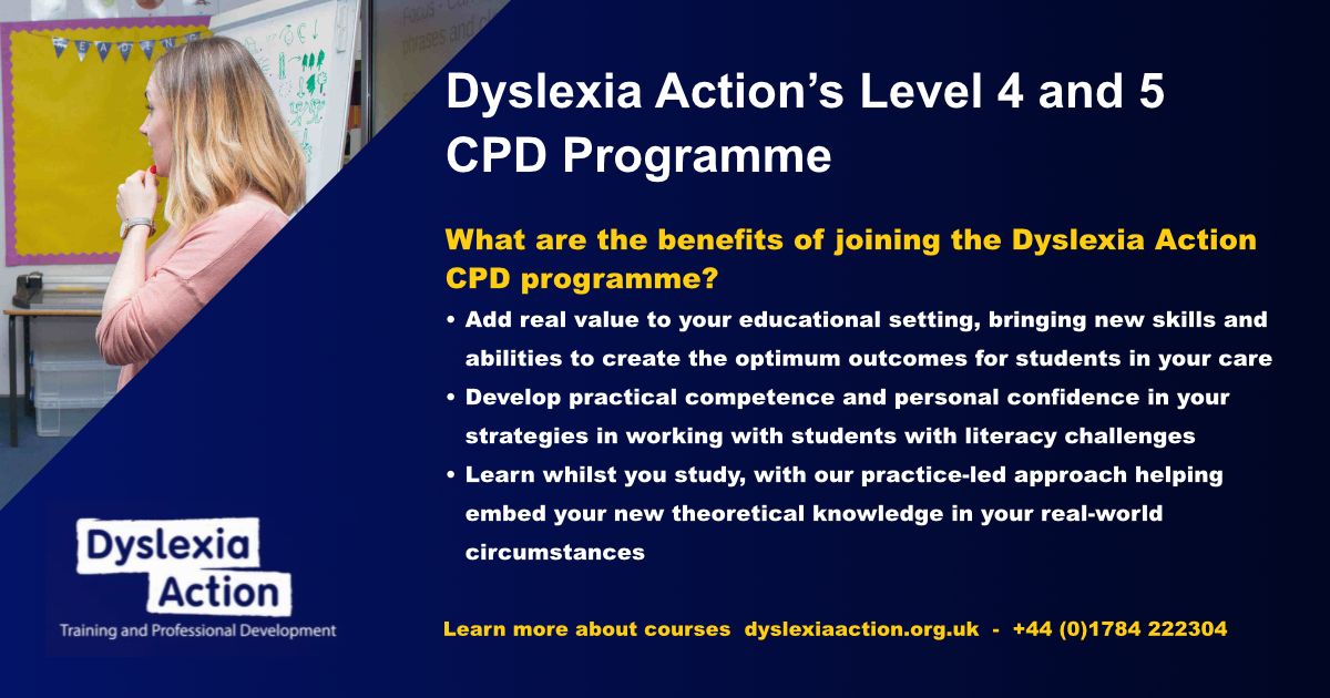 DyslexiaAction's tweet photo. Did you know there are a variety of awards you can gain through the completion of our Level 4 &amp; 5 #CPD courses?

Find out more: https://t.co/XyNza4nXQ0

Don't forget 10OFFSEMH for 10% off The Emotionally Connected Classroom!

#professionaldevelopment https://t.co/ADdO9wCo3n