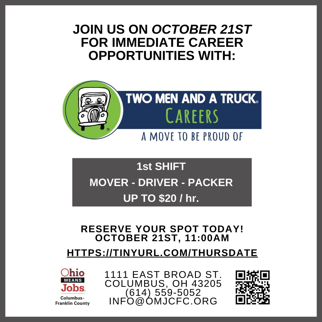 OMJCFC's tweet photo. Have you registered for our #ThursDate with Two Men and a Truck? If not, click below and save your seat! They will have representatives on site for an informational presentation and application session.
Register here: https://t.co/AfW8Oq0R74
#NowHiring #OMJCFC #CareerGoals https://t.co/N4Ez5KECZu