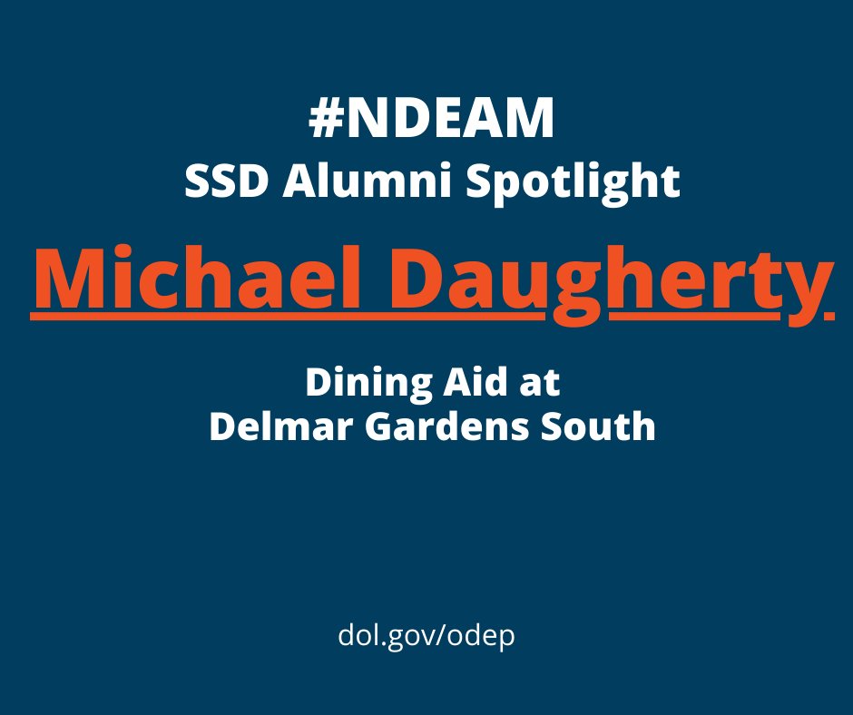 SSDStLCo's tweet photo. SSD is spotlighting SSD alumni who have gained competitive employment after graduation #NDEAM. Michael Daugherty works as a Dining Aid with @Delmar_Gardens. Michael serves dining guests, escorts them back to their rooms, and helps set-up meal time.
#SpecializedForSuccess https://t.co/67daTYLxal