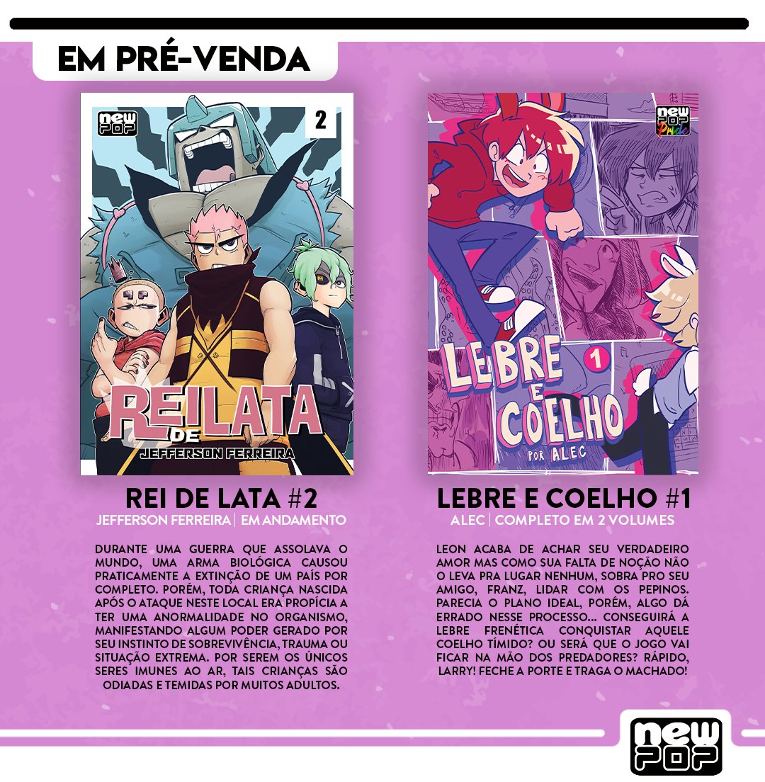editoranewpop's tweet photo. Você sabia que além de quadrinhos internacionais, nós também publicamos obras nacionais? Isso mesmo! 🤩 

Falando em HQ nacional, Lebre e Coelho #1 e o Rei de Lata #2 já estão em pré-venda na Amazon com desconto! 😉
👉 https://t.co/bUF0pKlI9I
👉 https://t.co/6uDkJd3f2W https://t.co/Ru5HCjP3yU