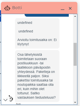 Hei <a href="/Postigroup/">Posti</a>! UX ja/tai ML asiantuntija voisi vähän opettaa bottianne lisää. Kysyin että miksi paketti XYZ on vieläkin teidän varastossa ja sain vastaukseksi oheisesti en hirveän hyödyllistä tietoa. #ropotti #tietokone #atk